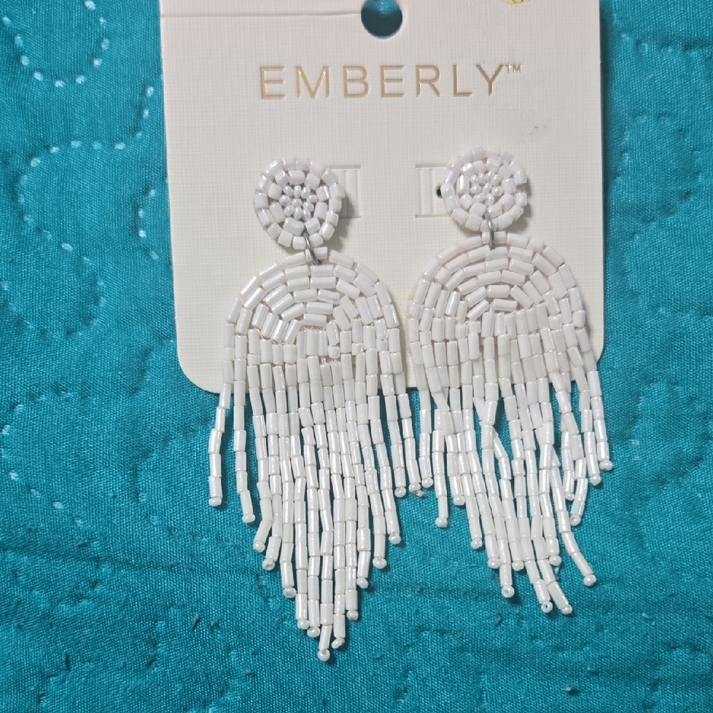 White Beaded Fringe Earrings